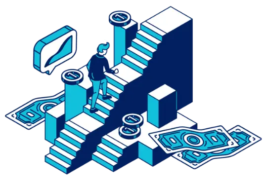 Career growth illustration with a person climbing stairs towards money and success.