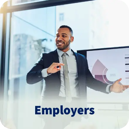 Business presentation: Smiling Black businessman presenting data charts to employers.