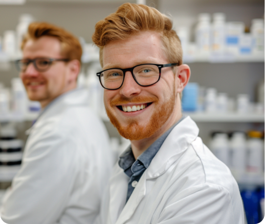 pas-banner Two smiling pharmacists with glasses and red hair wearing lab coats stand in a pharmacy. Shelves with bottles are blurred in the background.