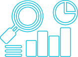 tpa-insight Icon featuring a magnifying glass, bar graph, pie chart, and stacked lines in blue on a white background, conveying data analysis and research concepts.